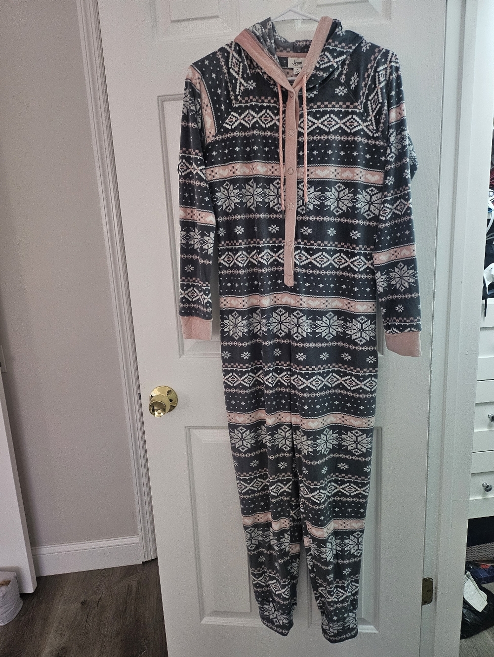 Jenni Plush Hooded Fair Isle One-Piece in Gray and Blush